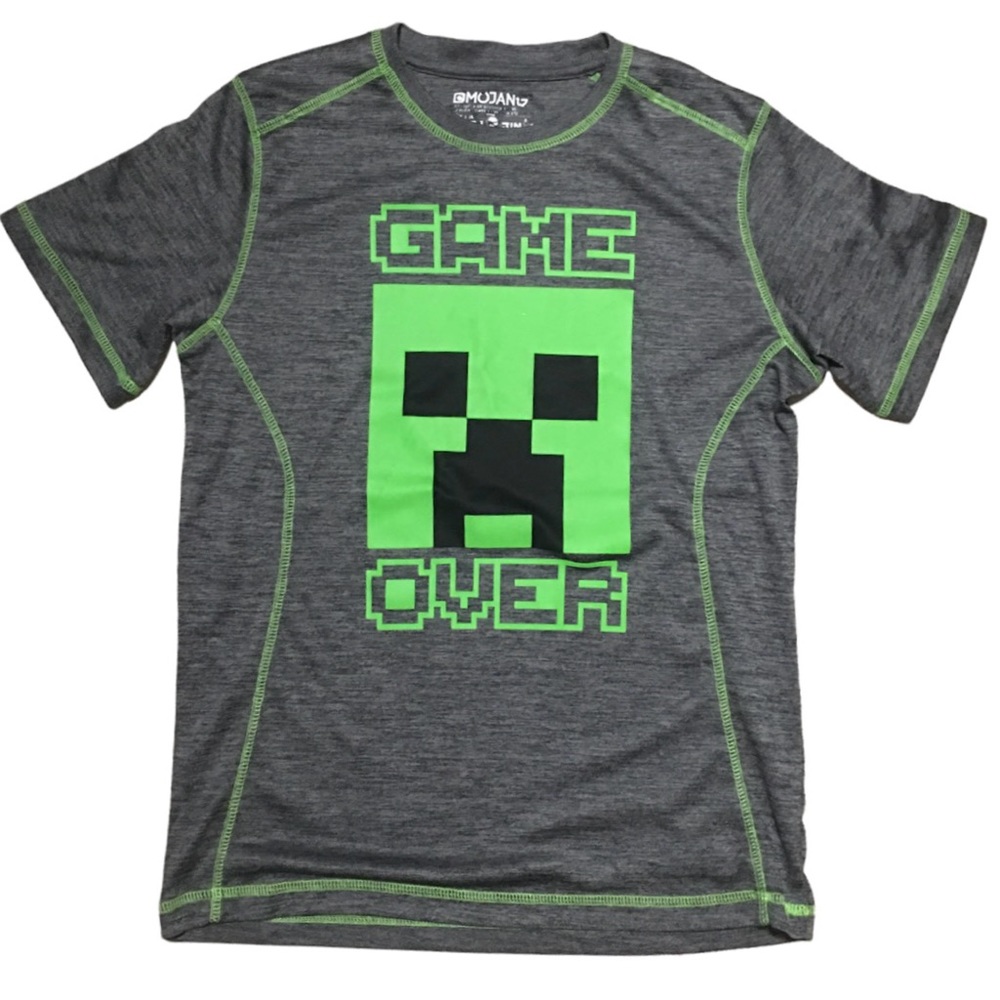 Mojang Minecraft Short sleeve video game shirt game over jinx gray green LG